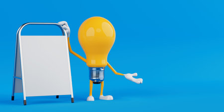 Advertising And Presentation Concept. Yellow Cartoon Light Bulb Character Standing Next To Blank A-Frame Signboard On Blue Background. 3d renderingの写真素材