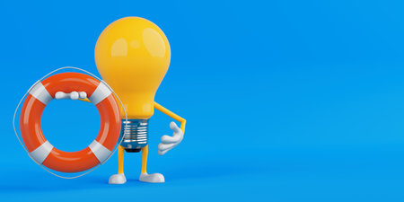 Support And Safety Concept. Yellow Cartoon Light Bulb Character Holding Orange Lifebuoy On Blue...