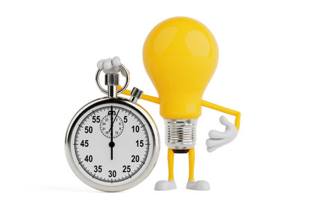 Time Management Idea Concept. Light Bulb Character Holding Stopwatch On White Background. 3d...