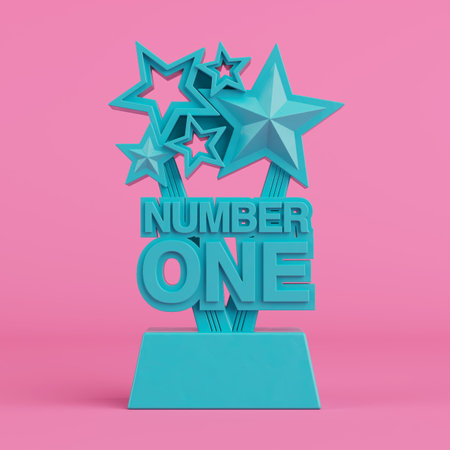 Success And Achievement Concept. Blue Trophy With Stars And Number One Text in Duotone Style On Pink...