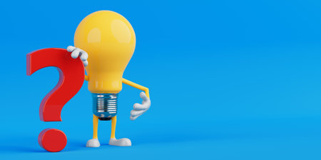 Curiosity And Questioning Concept. Light Bulb Character Holding Large Red Question Mark On Blue Background. 3d renderingの写真素材