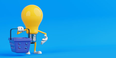 Creative Shopping Concept. Light Bulb Character Holding Blue Shopping Basket On Blue Background. 3d renderingの写真素材