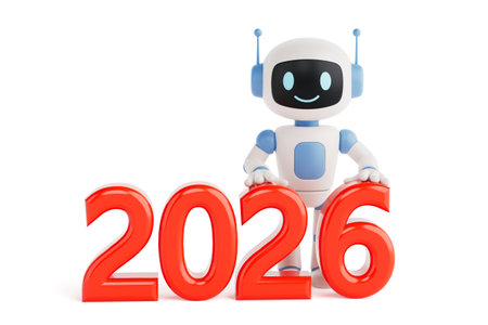 Future Technology and New Year Celebration. Cute Friendly AI Robot Standing Behind Red 2026 New Year Sign On White Background. 3d renderingの写真素材