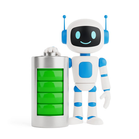 Energy Optimization And Power Supply Concept. Cute AI Robot Standing Next To Fully Charged Battery On White Background. 3d renderingの写真素材