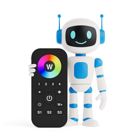 Smart Light Control And AI Technology Concept. Friendly AI Robot Holding Colorful Light Remote Controller On White Background. 3d renderingの写真素材