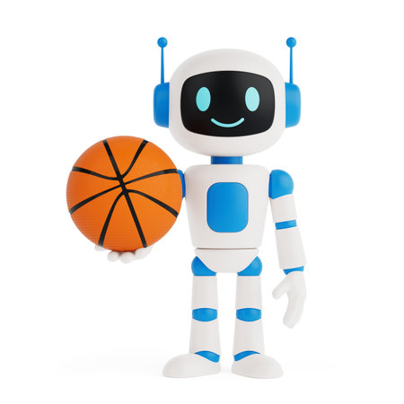 Sport And Activity Concept. Friendly AI Robot Holding Basketball Ball On White Background. 3d renderingの写真素材