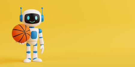 Sport And Activity Concept. Friendly AI Robot Holding Basketball Ball On Yellow Background. 3d renderingの写真素材