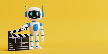 Cybersecurity Protection Concept. Smiling AI Robot Holding Red Shield Symbolizing Digital Safety On Yellow Background. 3d renderingの写真素材