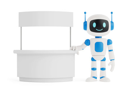 AI Marketing And Promotion Concept. Friendly AI Robot Standing Next To Blank Promotional Booth On White Background. 3d renderingの写真素材