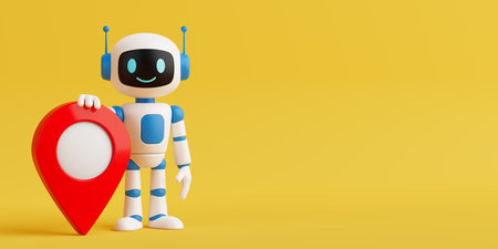 Location Technology Concept. Cute AI Robot Holding Red Map Pin On Yellow Background. 3d renderingの写真素材
