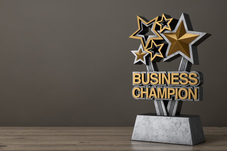 Business Success And Achievement Concept. Golden Star Business Champion Trophy On Wooden Table And Dark Background. 3d renderingの写真素材