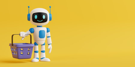 AI And Retail Technology Concept. Friendly AI Robot Holding A Purple Shopping Basket On Yellow Background. 3d renderingの写真素材