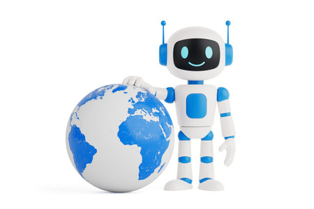 Global Artificial Intelligence Concept. Friendly AI Robot Standing With Earth Globe On White Background. 3d renderingの写真素材