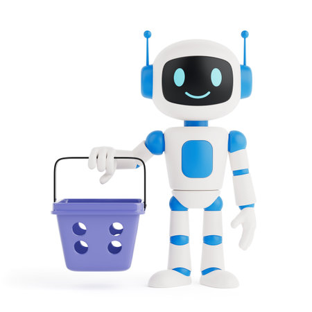 AI And Retail Technology Concept. Friendly AI Robot Holding A Purple Shopping Basket On White Background. 3d renderingの写真素材