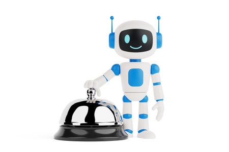 Customer Support Automation Concept. Friendly AI Robot Pressing Service Bell On White Background. 3d renderingの写真素材