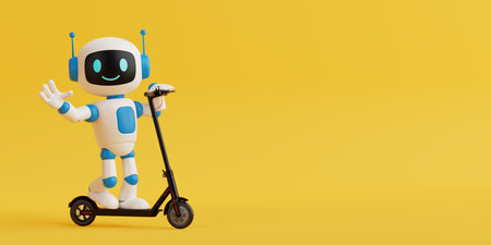 Urban Mobility And AI Integration Concept. Cheerful Ai Robot Riding Electric Scooter On Yellow Background. 3d renderingの写真素材