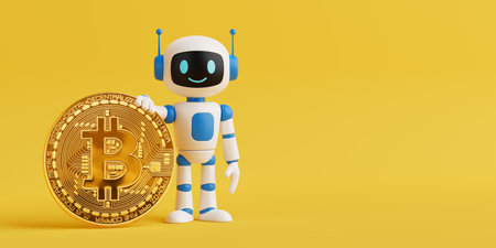 Cryptocurrency Innovation Concept. Cute White And Blue Ai Robot Holding Giant Golden Bitcoin Symbol...