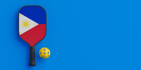 Philippine Sports Spirit Concept. Pickleball Paddle With Philippines Flag And Ball On Bright Blue Background. 3d renderingの写真素材