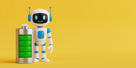 Energy Optimization And Power Supply Concept. Cute AI Robot Standing Next To Fully Charged Battery On Yellow Background. 3d renderingの写真素材