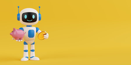 Financial Planning And Saving Concept. Cute Friendly AI Robot Mascot Holding Piggy Bank And Coin On Yellow Background. 3d renderingの写真素材