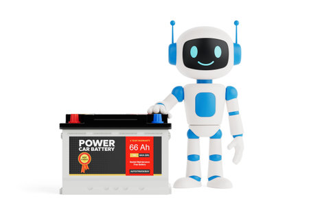 Electric Power Supply Concept. AI Robot Standing Next To Car Battery On Bright White Background. 3d...
