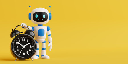 Cute Friendly AI Robot Mascot Holding Alarm Clock On Yellow Background. 3d renderingの写真素材
