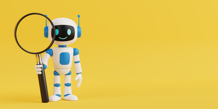 Search And Exploration Concept. Cute Friendly AI Robot Mascot Holding Magnifying Glass On Yellow Background. 3d renderingの写真素材