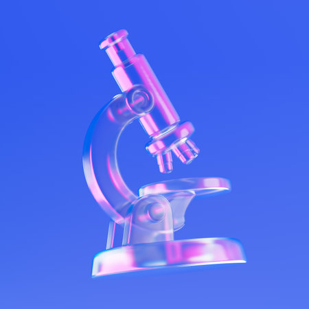 Science And Innovation Concept. Transparent Glass Microscope Icon With Holographic Effect On Blue Background. 3d renderingの写真素材