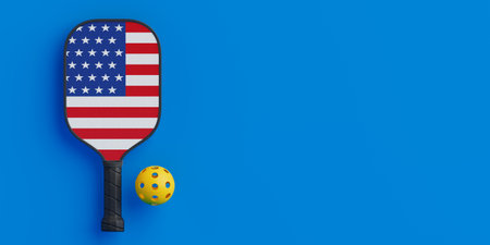 American Sports Spirit Concept. Pickleball Paddle With USA Flag And Ball On Bright Blue Background. 3d renderingの写真素材