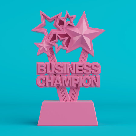 Achievement And Success Concept. Pink Business Champion Award Trophy With Stars in Duotone Style On Blue Background. 3d renderingの写真素材