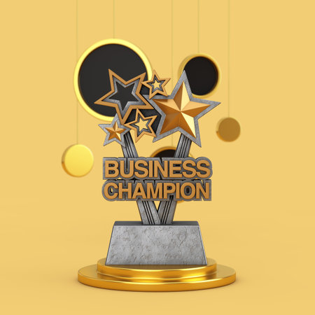 Achievement And Recognition Concept. Golden Business Champion Trophy With Star Accents On Yellow Background. 3d renderingの写真素材