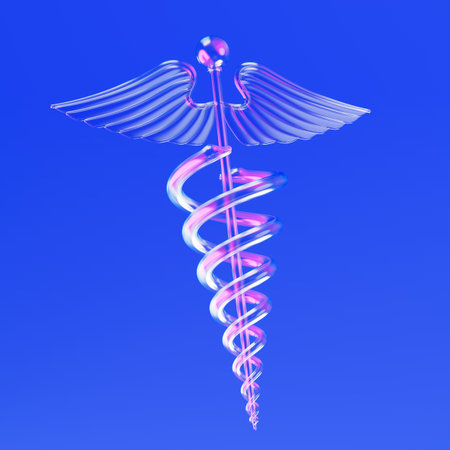 Medical Innovation Concept. Transparent Glass Glossy Caduceus Symbol With Wings On Blue Background. 3d renderingの写真素材