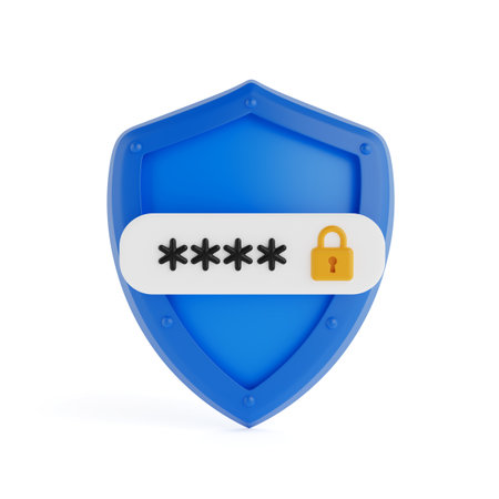 Cybersecurity And Privacy Concept. Blue Shield With Password Field And Lock Icon On White Background. 3d renderingの写真素材