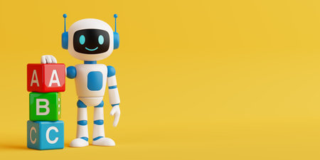 AI Education For Children Concept. Cute AI Robot Standing Next To Colorful Alphabet Blocks On Yellow Background. 3d renderingの写真素材