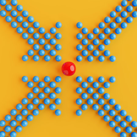 Leadership And Influence Concept. Red Sphere Surrounded By Converging Blue Balls in Arrow Shapes On...