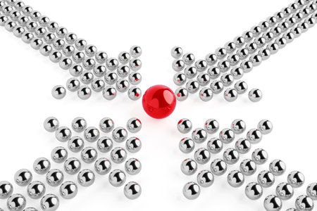 Leadership And Influence Concept. Red Sphere Surrounded By Converging Silver Balls in Arrow Shapes...