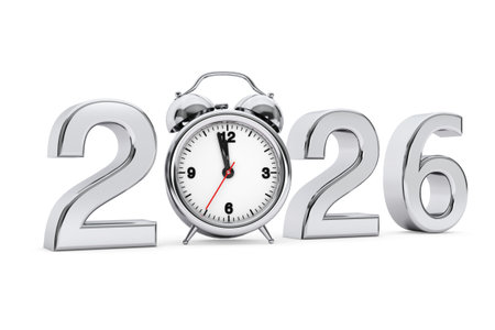 New Year 2026 concept. 2026 Steel Sign with Alarm Clock on a white background. 3d Rendering