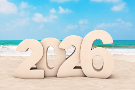 Happy 2026 New Year Concept. 2026 New Year Sign at Sunny Beach extreme closeup. 3d Rendering