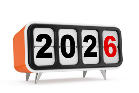 Retro Flip Clock with 2026 New year Sign on a white background. 3d Rendering