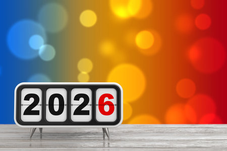 Retro Flip Clock with 2026 New Year Sign on a wooden table. 3d Rendering