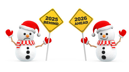Snowmen with 2025 and 2026 Year Signs on a white background. 3d Rendering