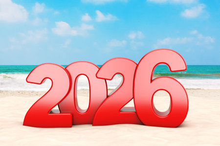 Happy 2026 New Year Concept. 2026 New Year Sign at Sunny Beach extreme closeup. 3d Rendering