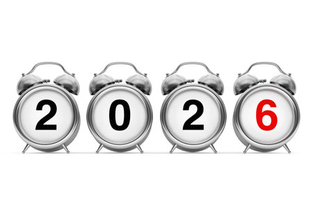 New Year and Merry Christmas Concept. Alarm Clock with 2026 New Year Sign on a white background. 3d...