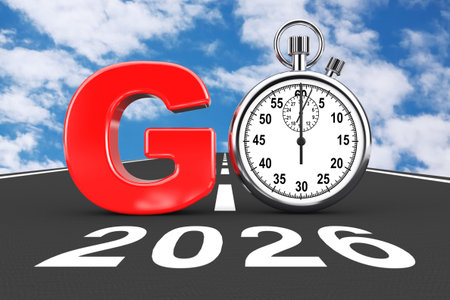 New 2026 Year Concept. Stopwatch as Go Sign over 2026 New Year Road on a blue sky background. 3d...