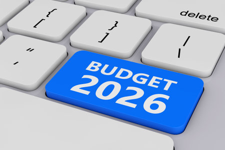 Blue Budget 2026 Key on White PC Keyboard extreme closeup. 3d Rendering
