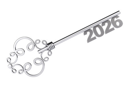 Silver Vintage Key with 2026 year Sign on a white background. 3d Rendering