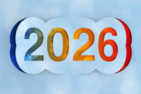 2026 Sign Cut from Paper on a blue background. 3d Rendering