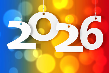 Hanging on Ropes New 2026 Year Sign on a coloured background. 3d Rendering