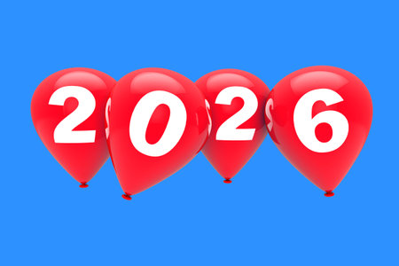 New Year Concept. Red Balloons with 2026 Sign on a blue sky background. 3d Rendering