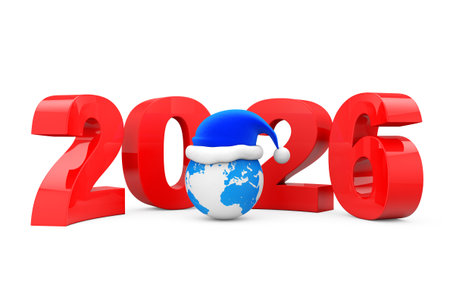 2026 New Year Concept. Santa Hat over Earth Globe on a white background. 3d Rendering